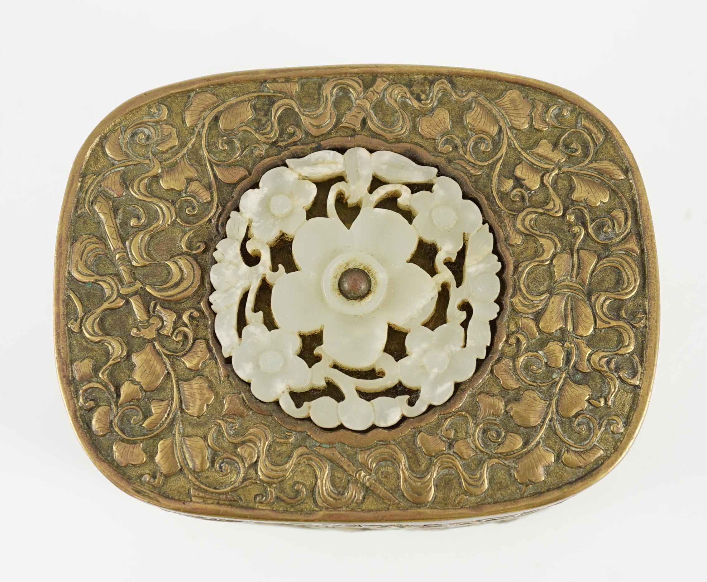 A Chinese jade mounted gilt metal box and cover, 19th century